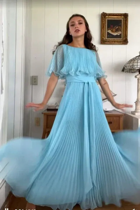 Vintage A-Line Round Neck Short-Sleeve Pleated Sky Blue Maxi Prom Dress for Women Ready to Ship