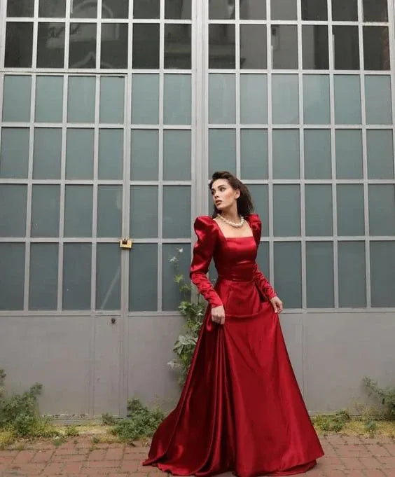 Vintage A-Line Square Neck Long-Sleeve Ruched Red Maxi Prom Dress for Women Custom