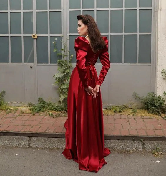 Vintage A-Line Square Neck Long-Sleeve Ruched Red Maxi Prom Dress for Women Custom