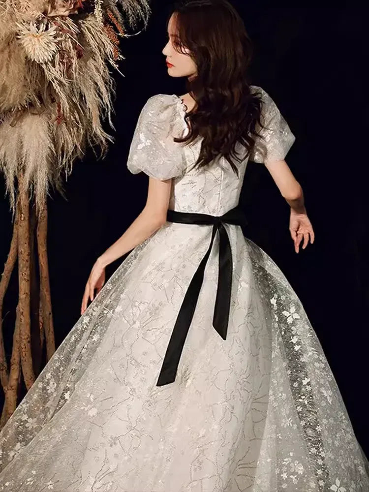 Vintage A-Line Square Neck Puff Sleeve Sequin White Long Prom Dress For Women Ready To Ship