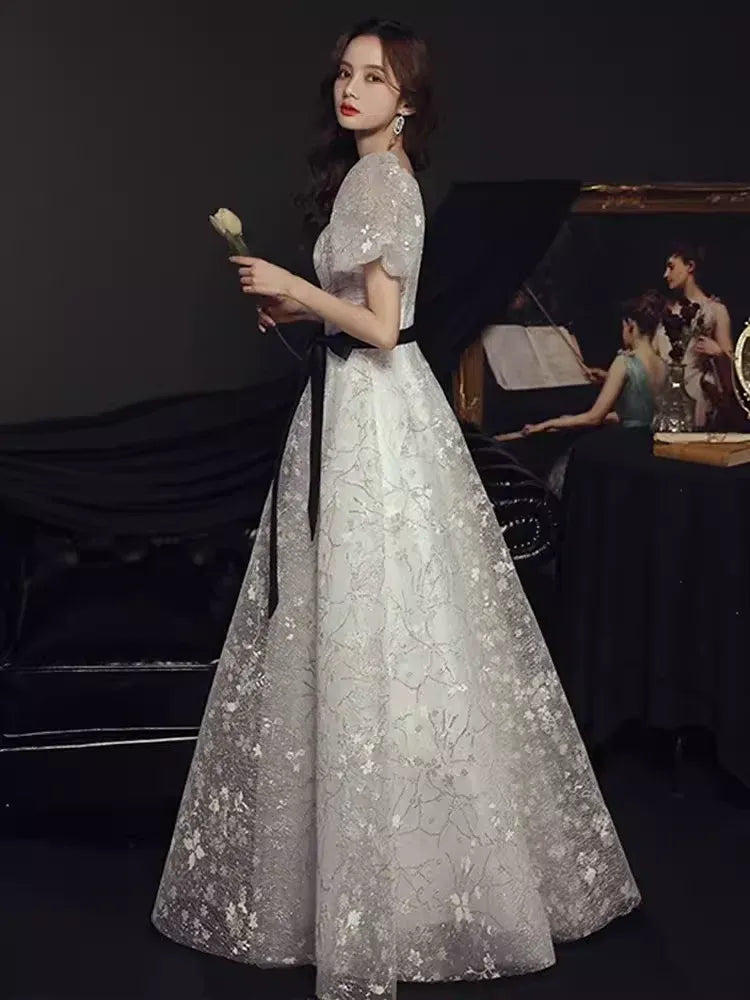 Vintage A-Line Square Neck Puff Sleeve Sequin White Long Prom Dress For Women Ready To Ship