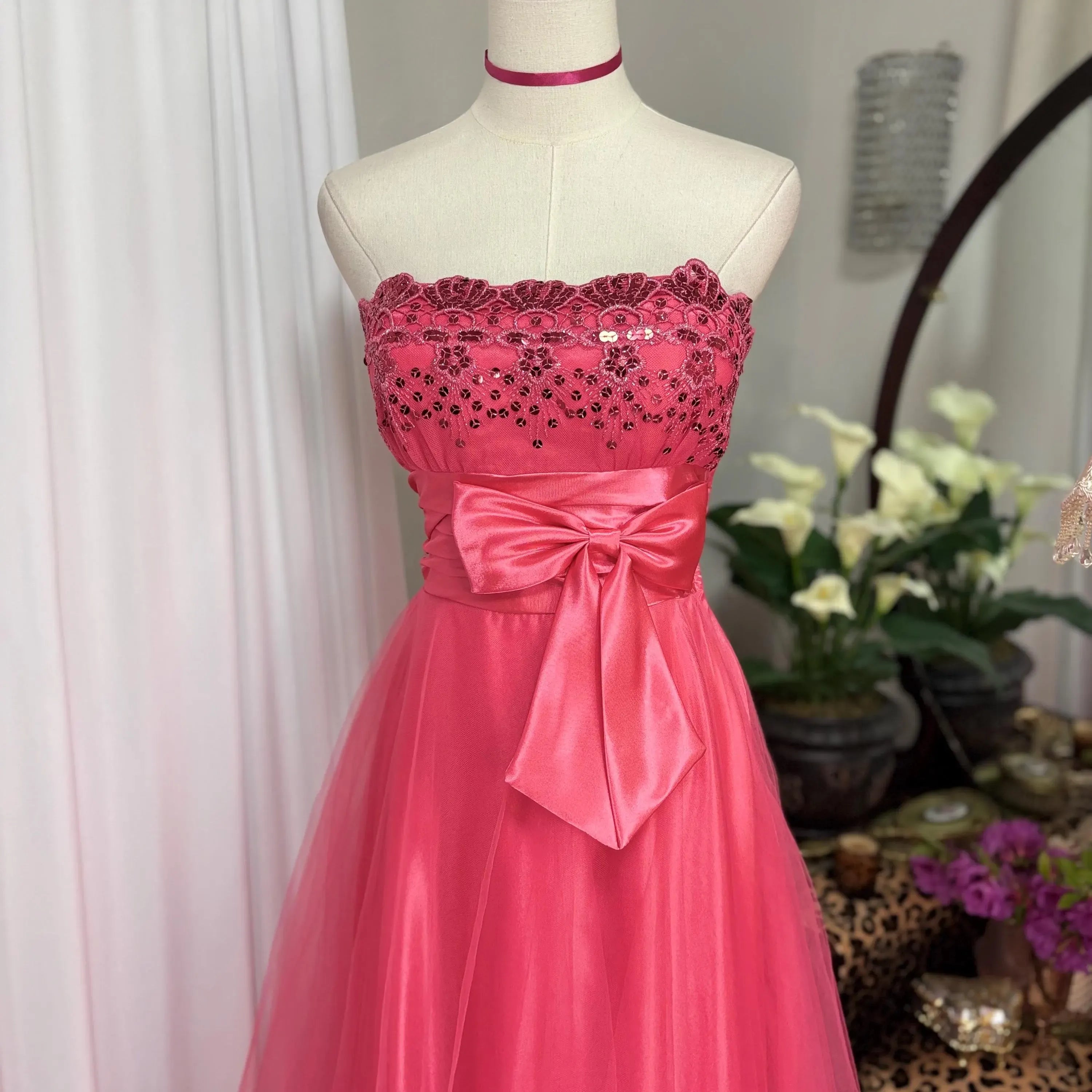 Vintage A-Line Strapless Sequins Tulle Hot Pink Floor-Length Prom Dress With Bow