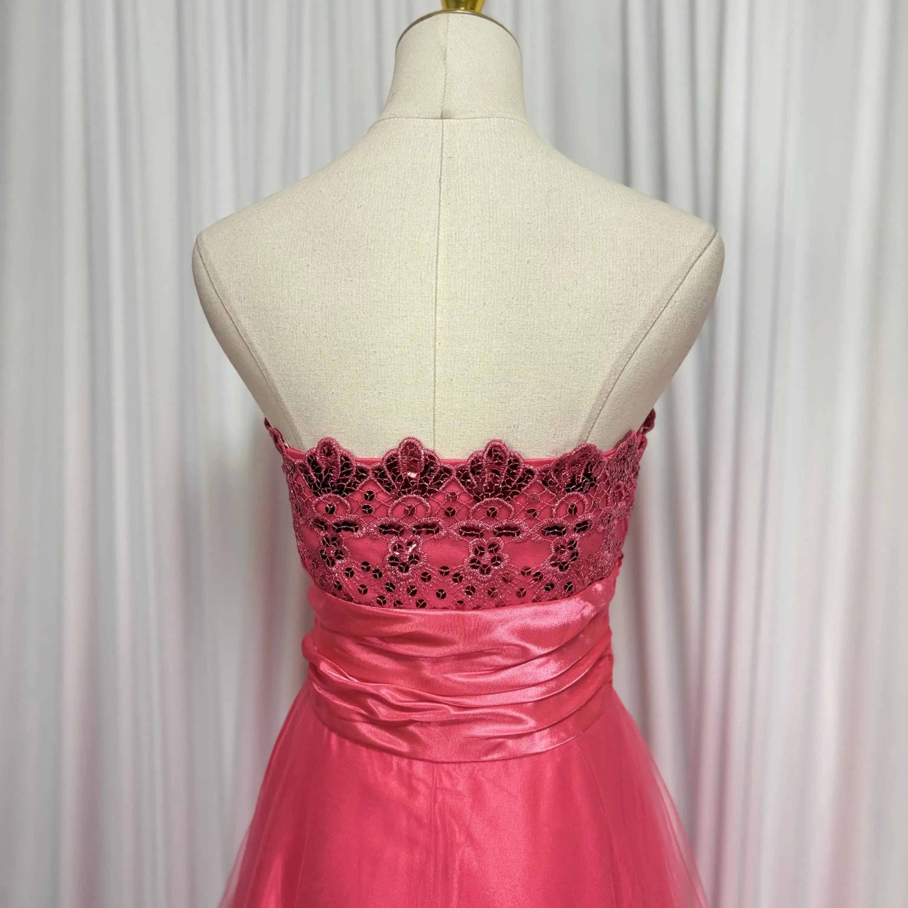 Vintage A-Line Strapless Sequins Tulle Hot Pink Floor-Length Prom Dress With Bow