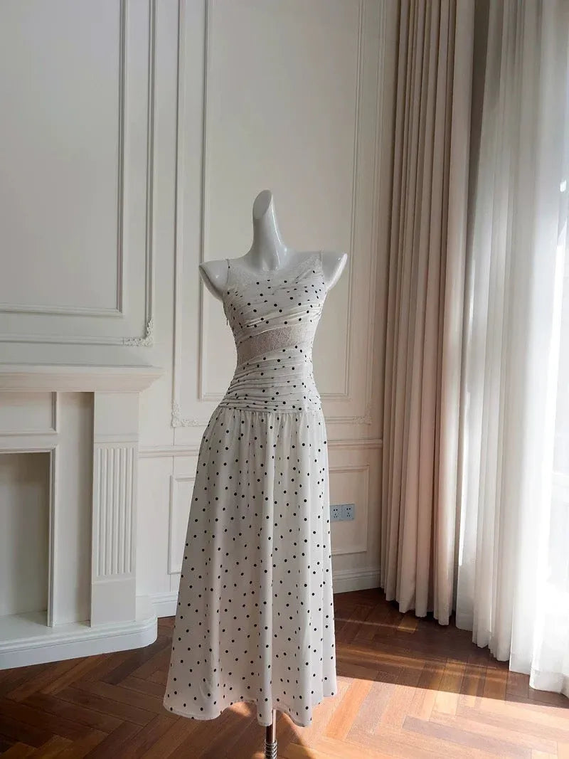Vintage A-Line Sweetheart-Neck Polka-Dot White Midi Prom Dress for Women