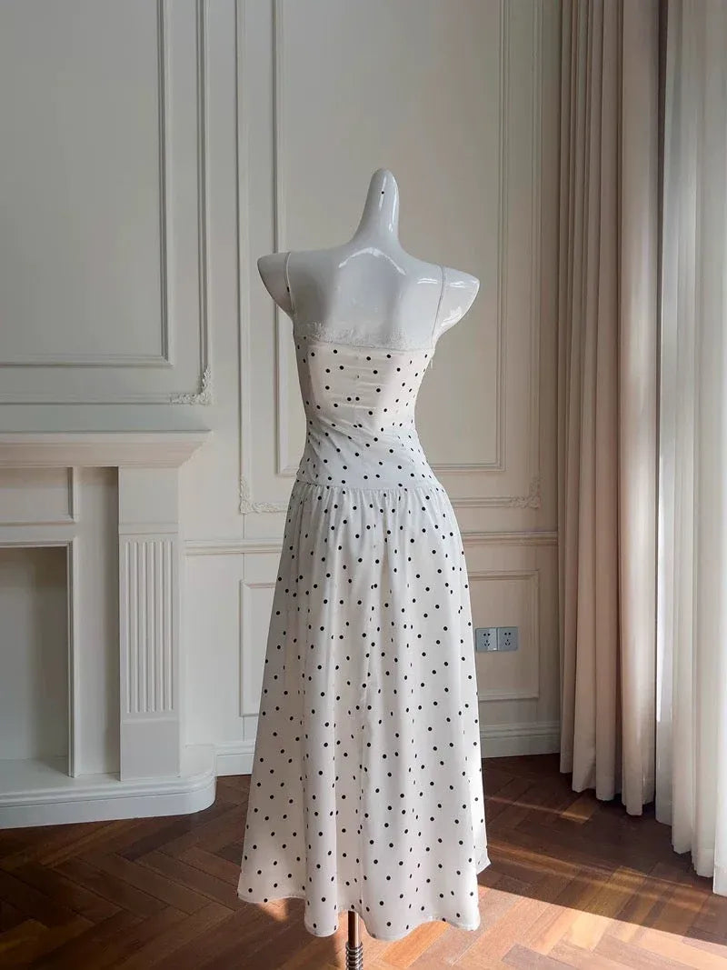 Vintage A-Line Sweetheart-Neck Polka-Dot White Midi Prom Dress for Women