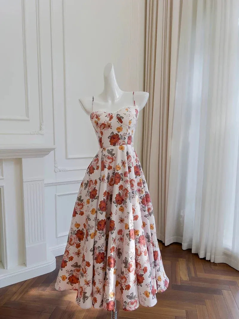 Vintage A-Line Sweetheart Neck Sleeveless Floral Print Cream Midi Prom Dress For Women Hot Sale