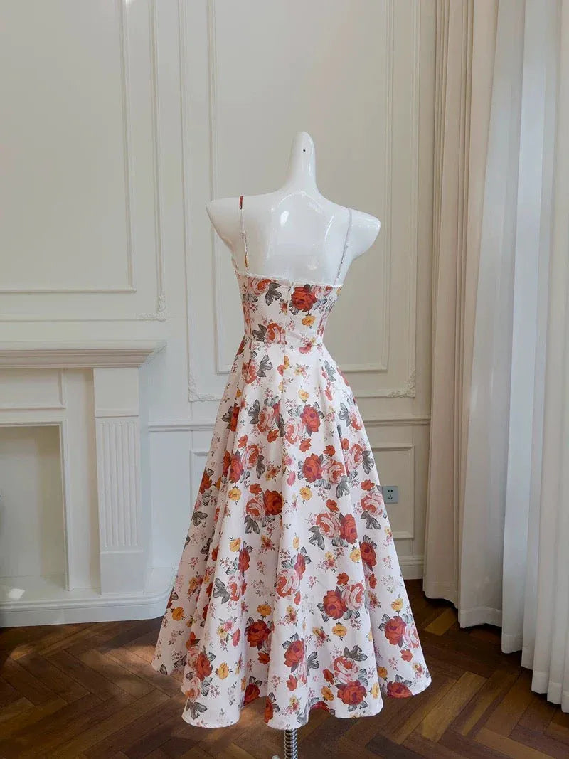Vintage A-Line Sweetheart Neck Sleeveless Floral Print Cream Midi Prom Dress For Women Hot Sale