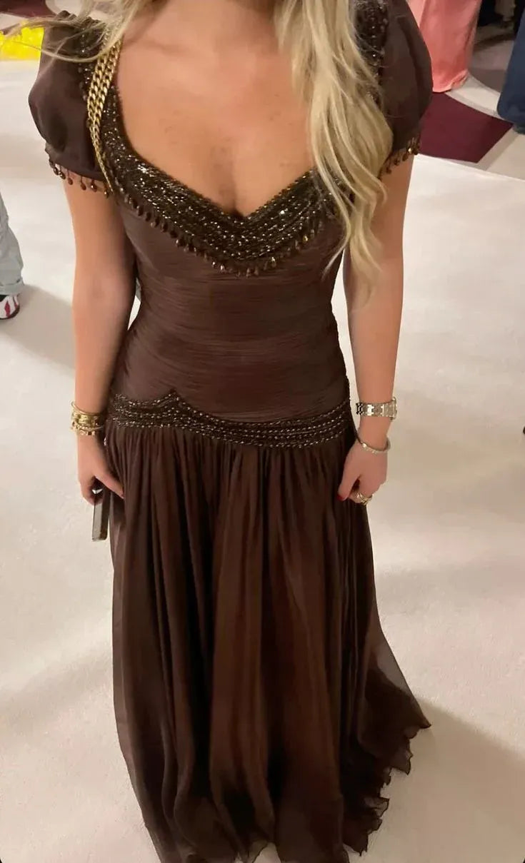 Vintage A-Line Sweetheart Short-Sleeve Beaded Chocolate Maxi Prom Dress for Women Ready to Ship