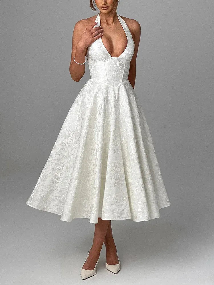 Vintage A-Line V-Neck Sleeveless Satin Pleated Ankle-Length Prom Dress
