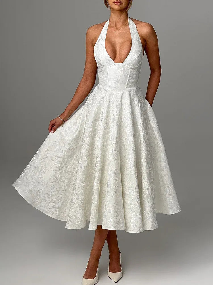 Vintage A-Line V-Neck Sleeveless Satin Pleated Ankle-Length Prom Dress