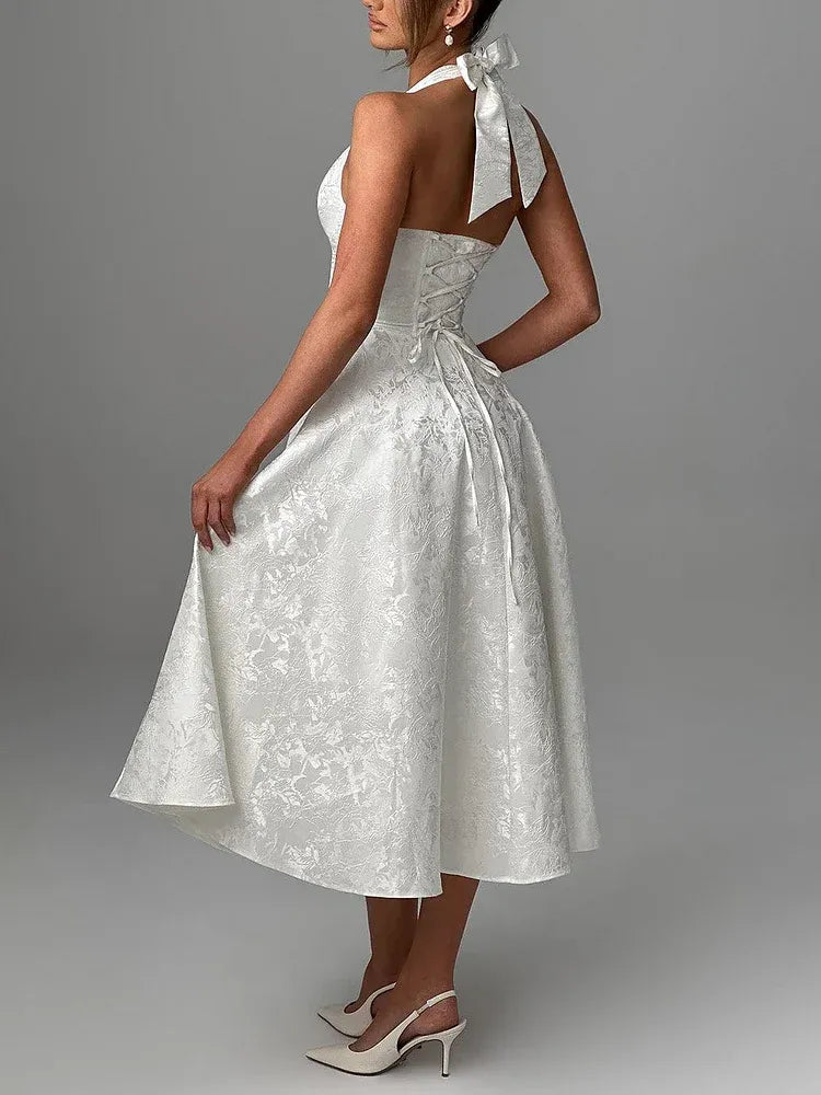 Vintage A-Line V-Neck Sleeveless Satin Pleated Ankle-Length Prom Dress