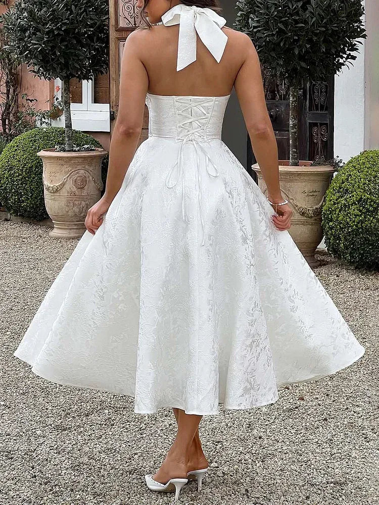 Vintage A-Line V-Neck Sleeveless Satin Pleated Ankle-Length Prom Dress