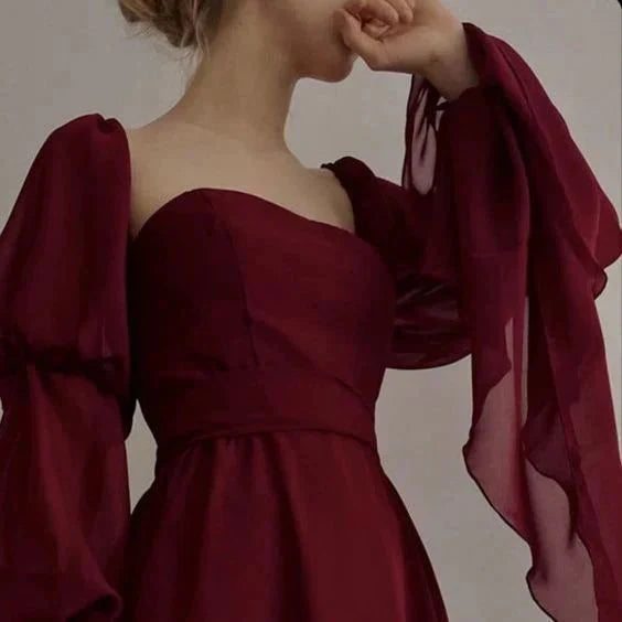 Vintage A-line Strapless Long Sleeves Chiffon Burgundy Prom Dress Evening Dress
