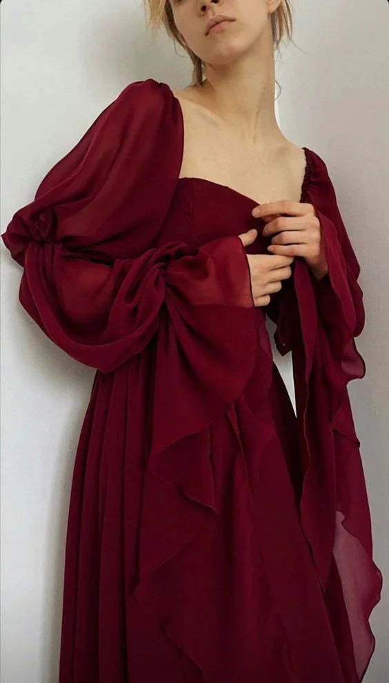 Vintage A-line Strapless Long Sleeves Chiffon Burgundy Prom Dress Evening Dress