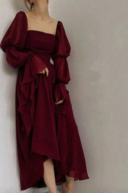 Vintage A-line Strapless Long Sleeves Chiffon Burgundy Prom Dress Evening Dress
