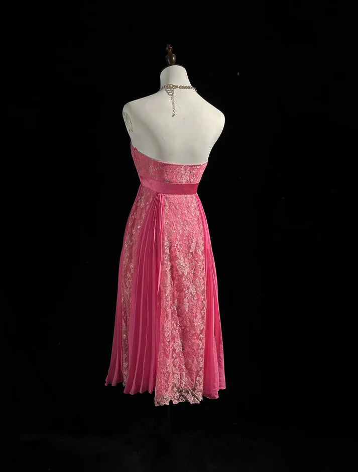Vintage A-line Strapless Rhinestone Backless Lace Pink Short Party Dress