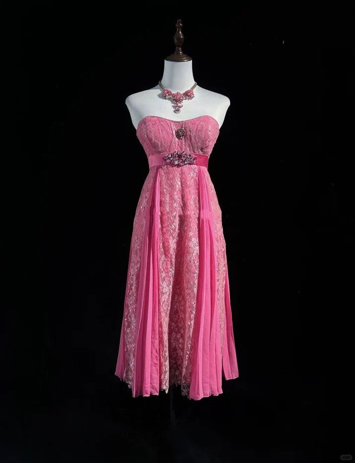Vintage A-line Strapless Rhinestone Backless Lace Pink Short Party Dress