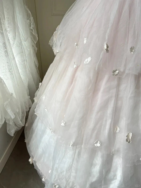 Vintage A Line Beaded Applique Tulle Pink Long Prom Dress Princess Dress