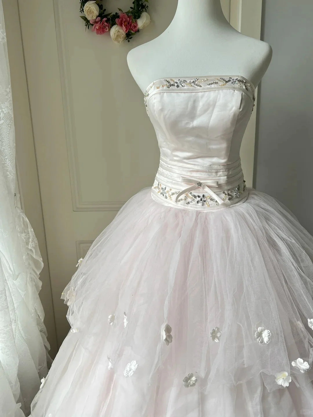 Vintage A Line Beaded Applique Tulle Pink Long Prom Dress Princess Dress