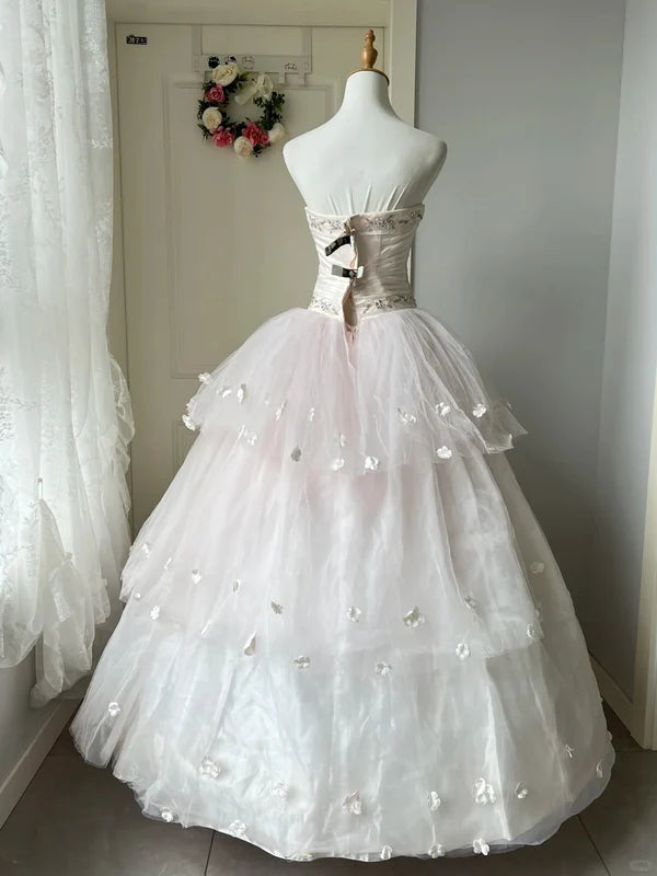 Vintage A Line Beaded Applique Tulle Pink Long Prom Dress Princess Dress