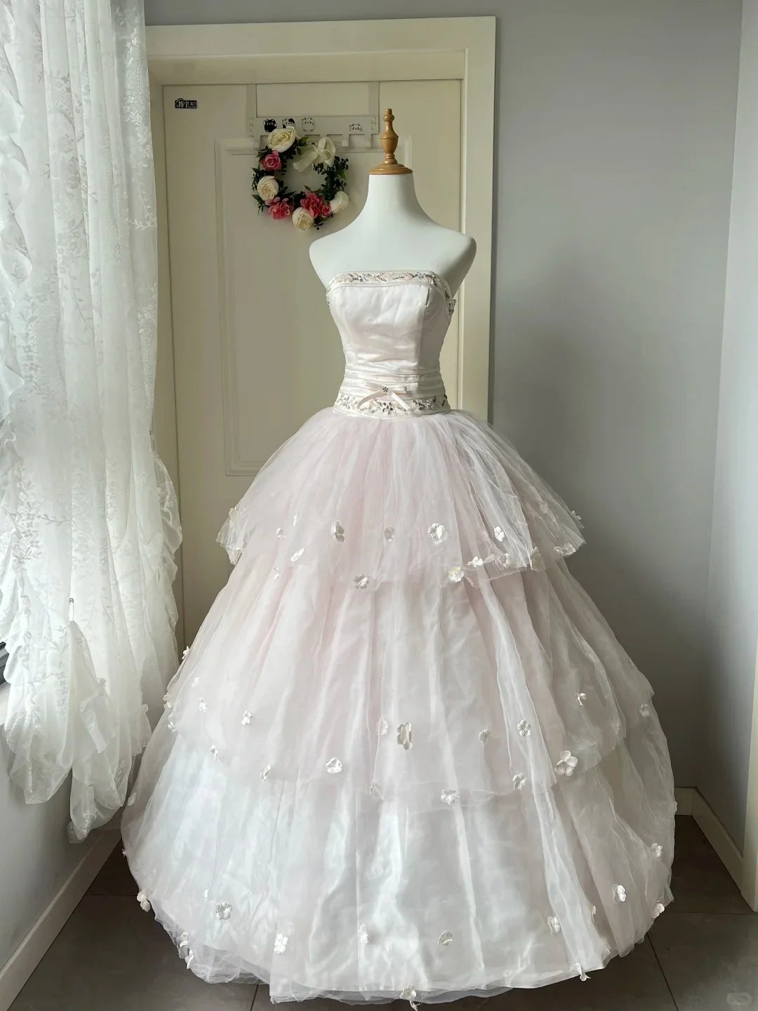 Vintage A Line Beaded Applique Tulle Pink Long Prom Dress Princess Dress