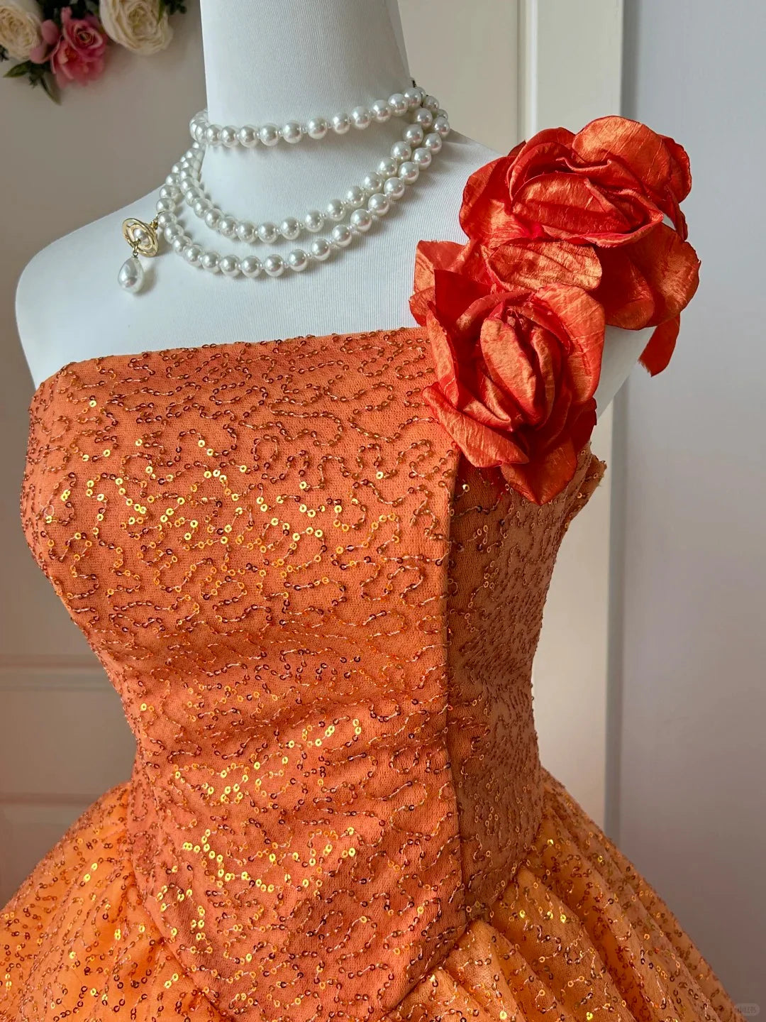 Vintage A Line Flowers Sequins Tulle Orange Long Prom Dress Princess Dress