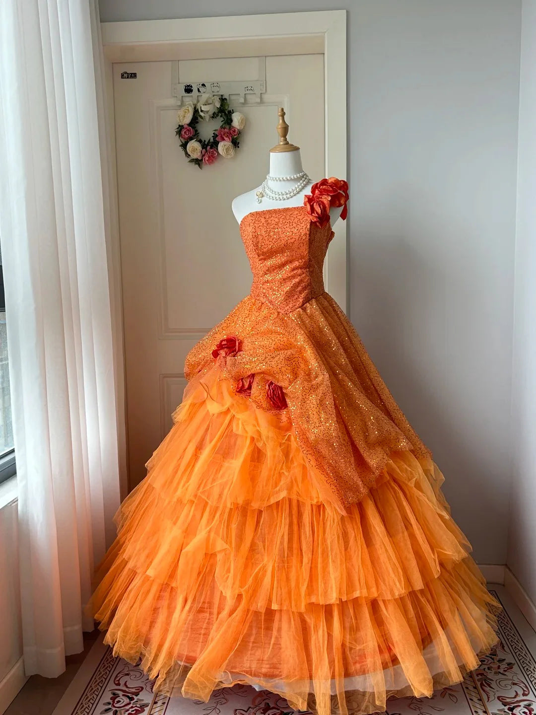 Vintage A Line Flowers Sequins Tulle Orange Long Prom Dress Princess Dress
