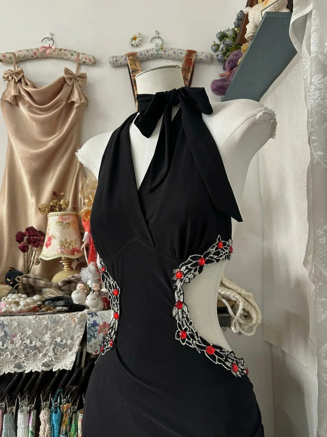 Vintage A Line Halter Cutout Black Long Party Dress Evening Dress Prom Dress