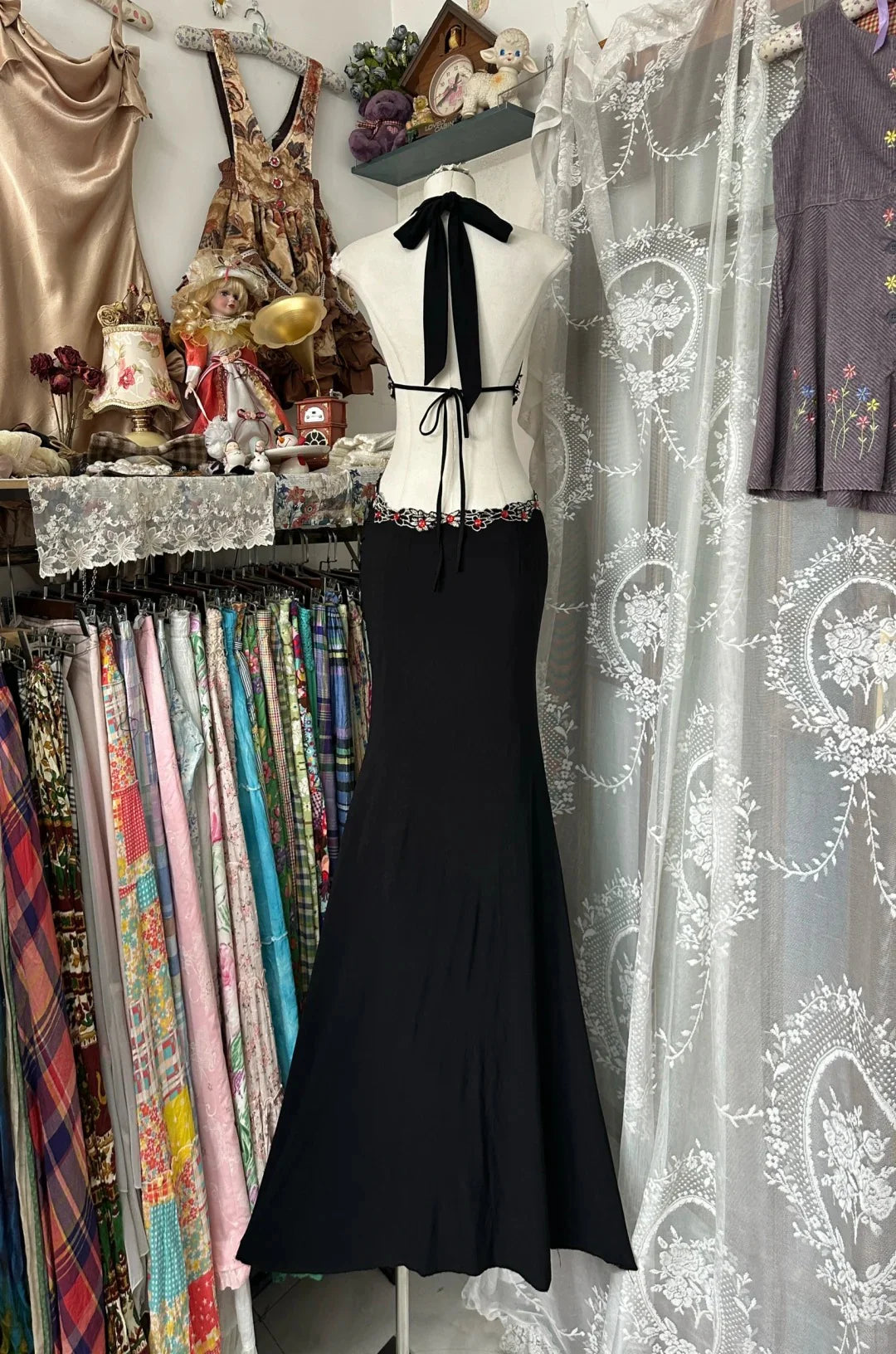 Vintage A Line Halter Cutout Black Long Party Dress Evening Dress Prom Dress