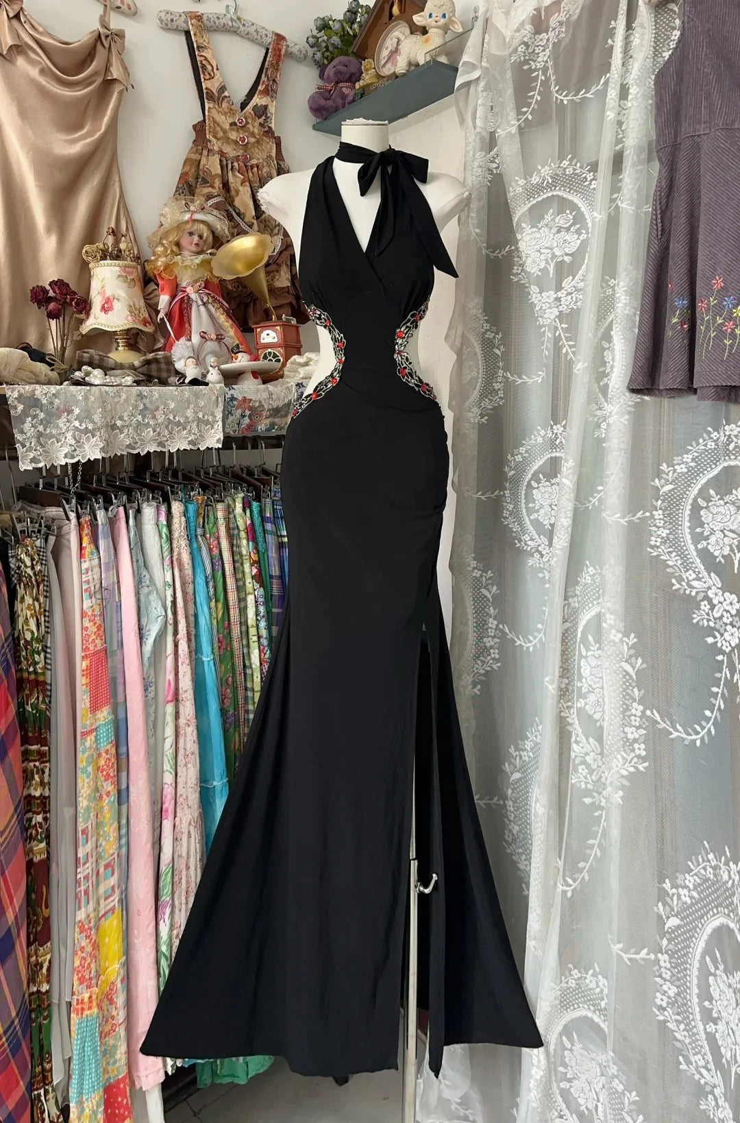 Vintage A Line Halter Cutout Black Long Party Dress Evening Dress Prom Dress