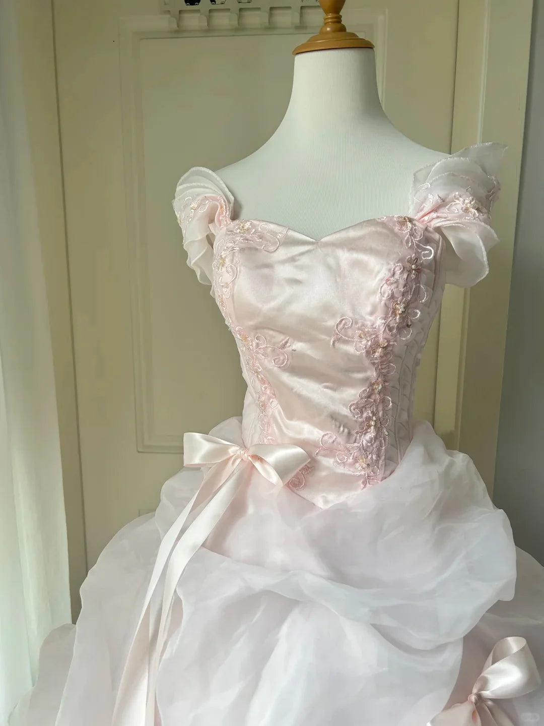 Vintage A Line Off-the-Shoulder Bow Pink Long Prom Dress Princess Dress