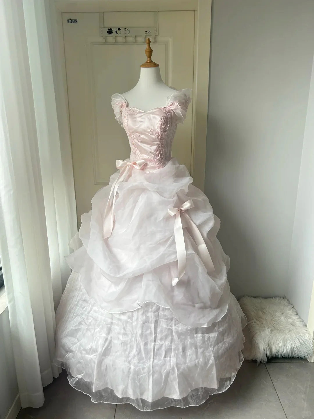 Vintage A Line Off-the-Shoulder Bow Pink Long Prom Dress Princess Dress