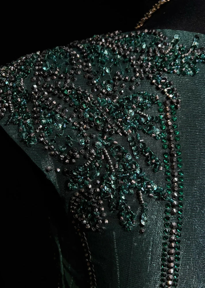 Vintage A Line Scoop Beaded Slit Tulle Green Long Prom Dress Evening Dress