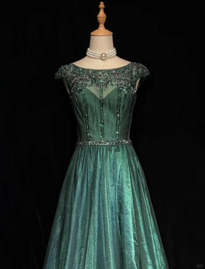 Vintage A Line Scoop Beaded Slit Tulle Green Long Prom Dress Evening Dress