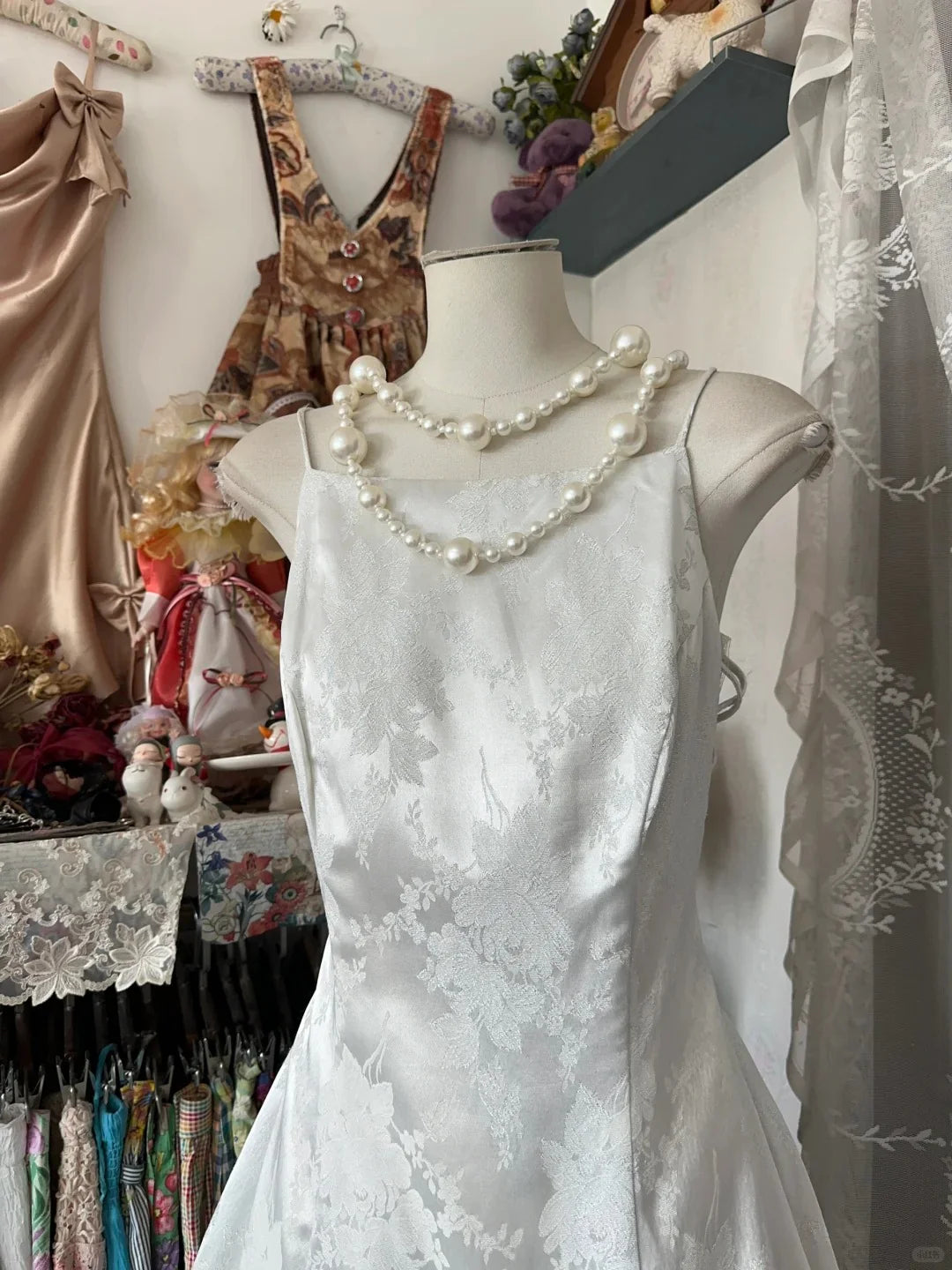 Vintage A Line Spaghetti Straps Printed White Long Prom Dress Party Dress