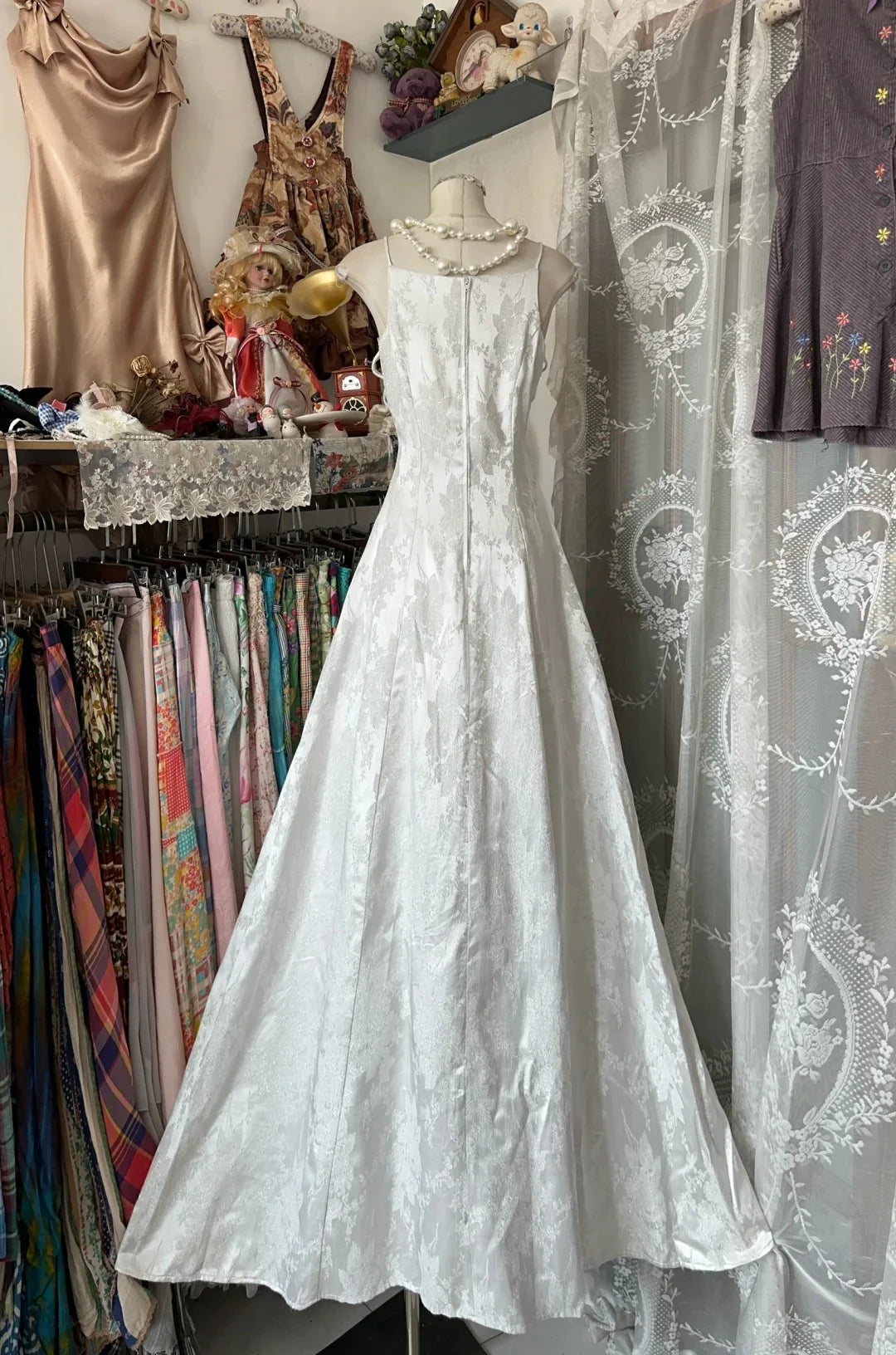 Vintage A Line Spaghetti Straps Printed White Long Prom Dress Party Dress