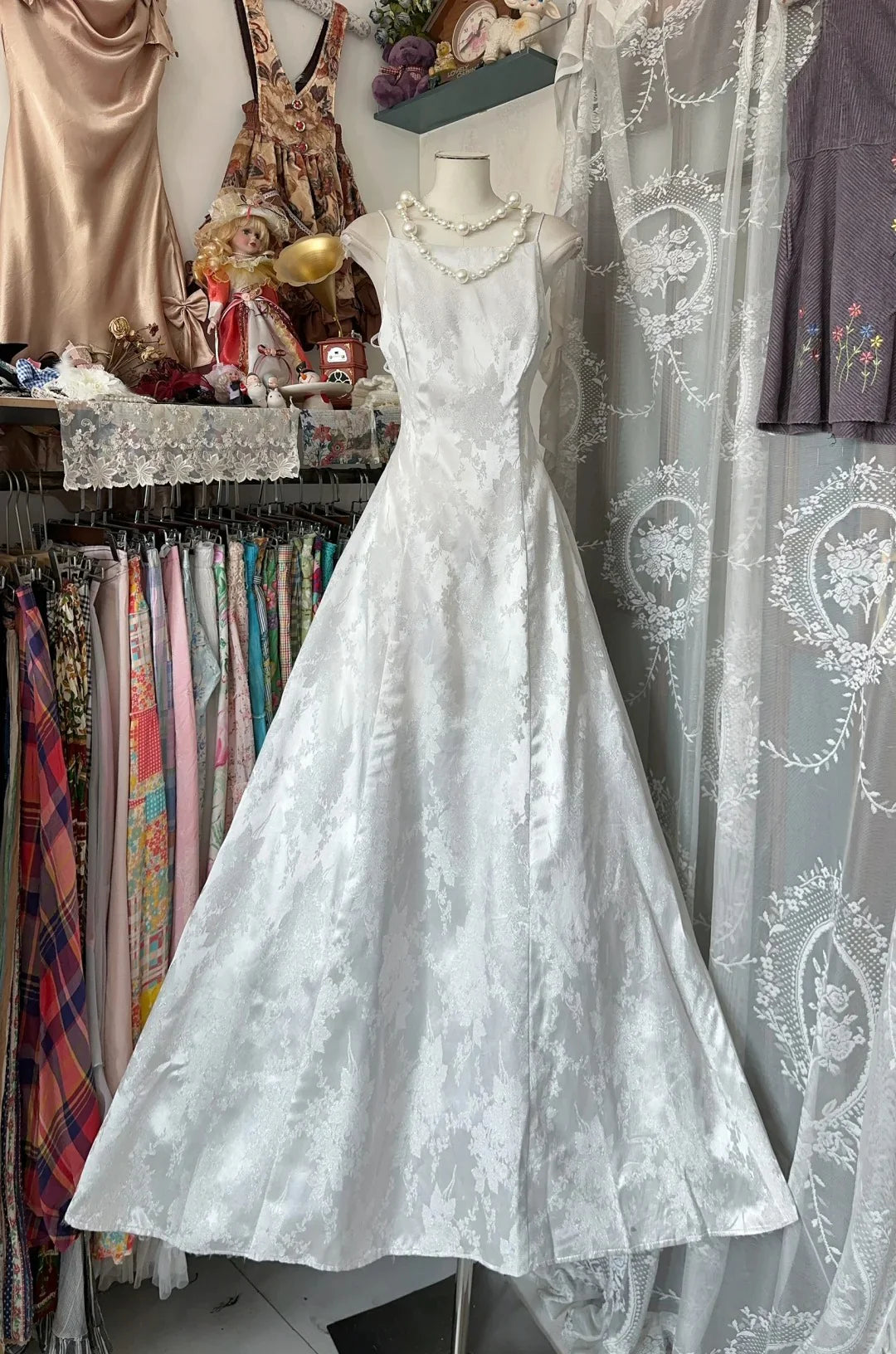 Vintage A Line Spaghetti Straps Printed White Long Prom Dress Party Dress