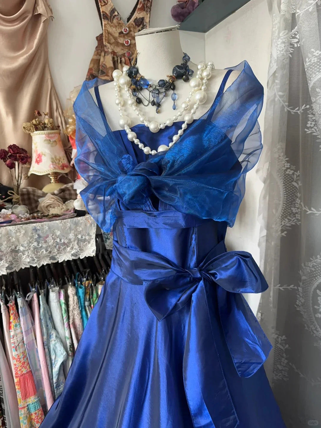 Vintage A Line Spaghetti Straps Tie Satin Royal Blue Long Prom Dress