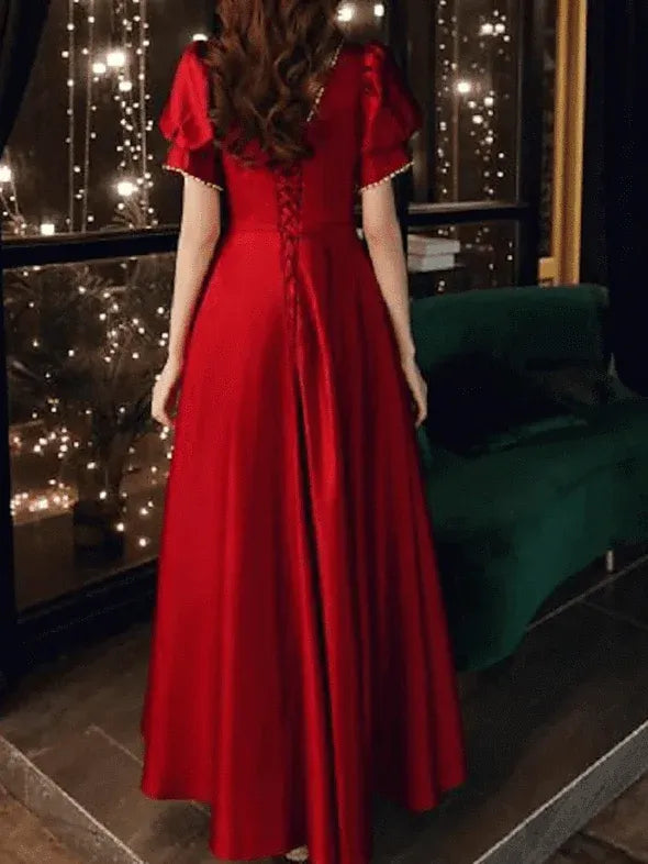 Vintage A Line Square Neck Puff Sleeve Pearls Satin Red Floor Length Prom Dress