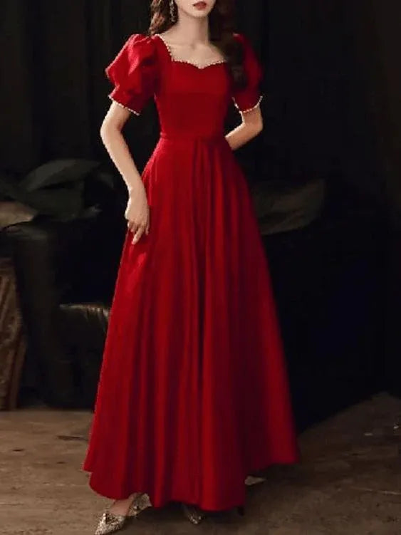 Vintage A Line Square Neck Puff Sleeve Pearls Satin Red Floor Length Prom Dress
