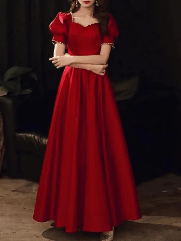 Vintage A Line Square Neck Puff Sleeve Pearls Satin Red Floor Length Prom Dress