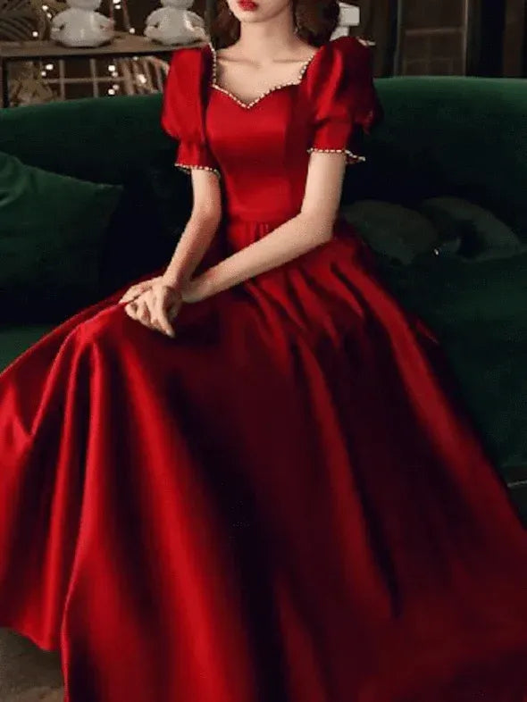 Vintage A Line Square Neck Puff Sleeve Pearls Satin Red Floor Length Prom Dress