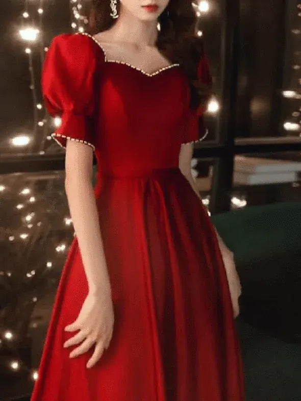 Vintage A Line Square Neck Puff Sleeve Pearls Satin Red Floor Length Prom Dress