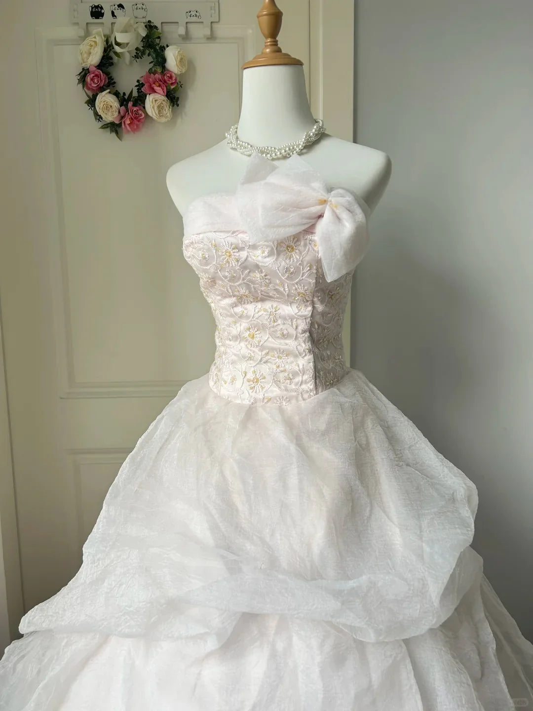 Vintage A Line Strapless Beaded Light Pink Long Prom Dress Princess Dress