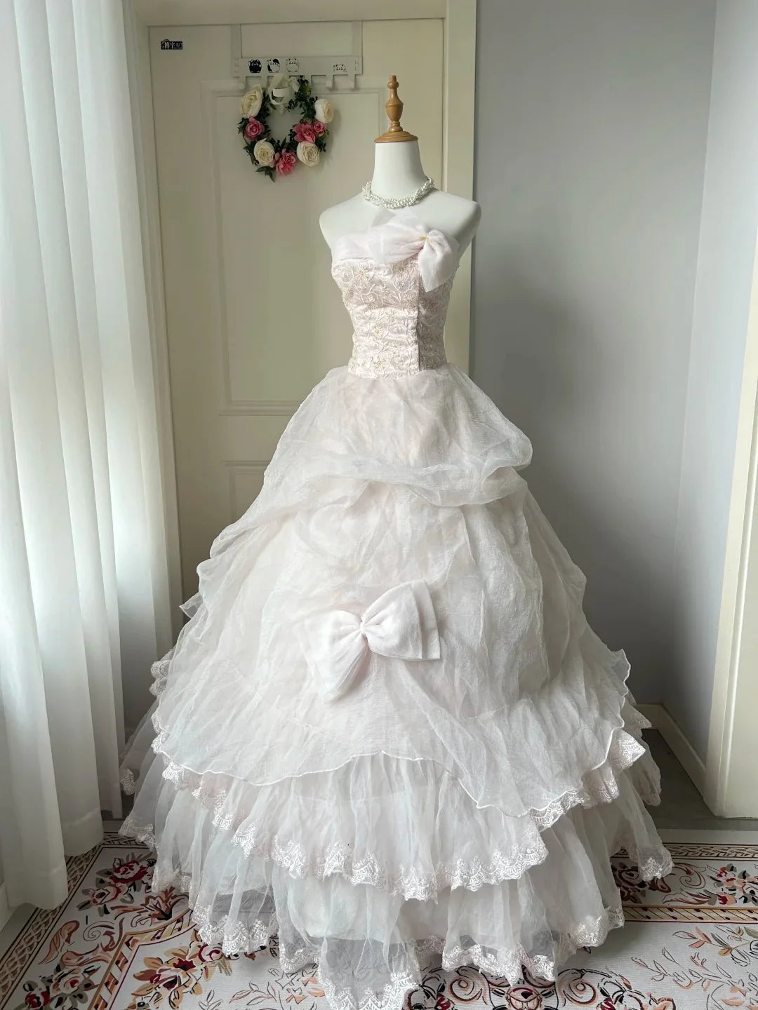 Vintage A Line Strapless Beaded Light Pink Long Prom Dress Princess Dress