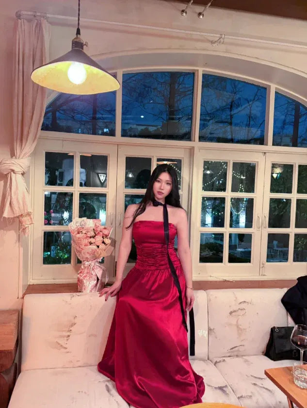 Vintage A Line Strapless Ruched Satin Red Floor Length Prom Dress For Women