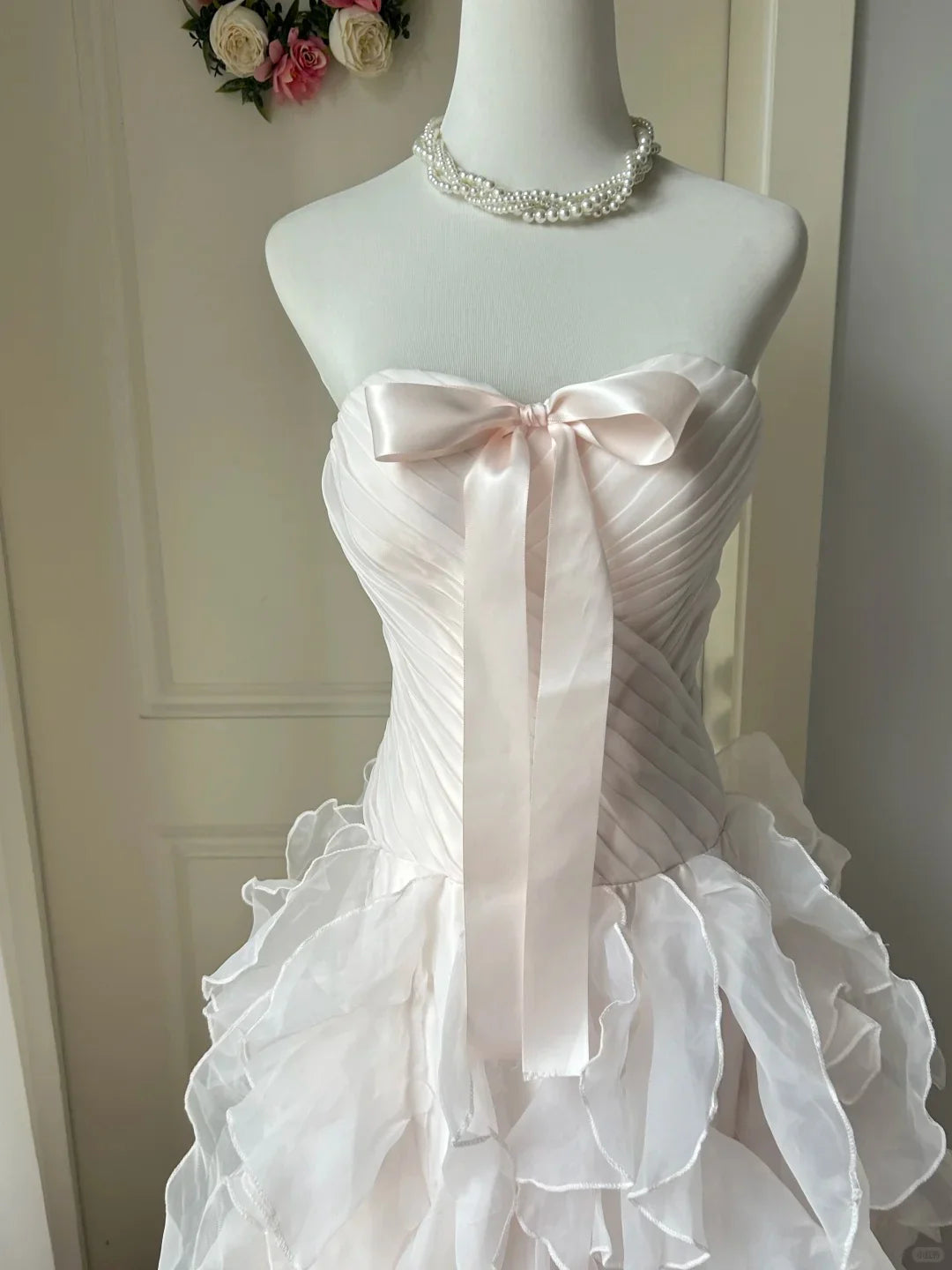 Vintage A Line Strapless Ruffle Light Pink Long Prom Dress Princess Dress