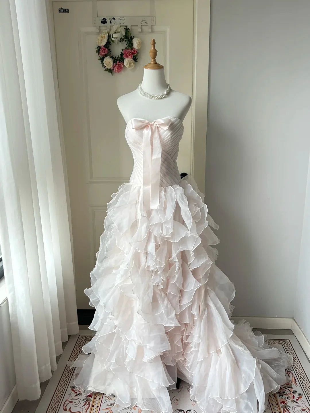 Vintage A Line Strapless Ruffle Light Pink Long Prom Dress Princess Dress