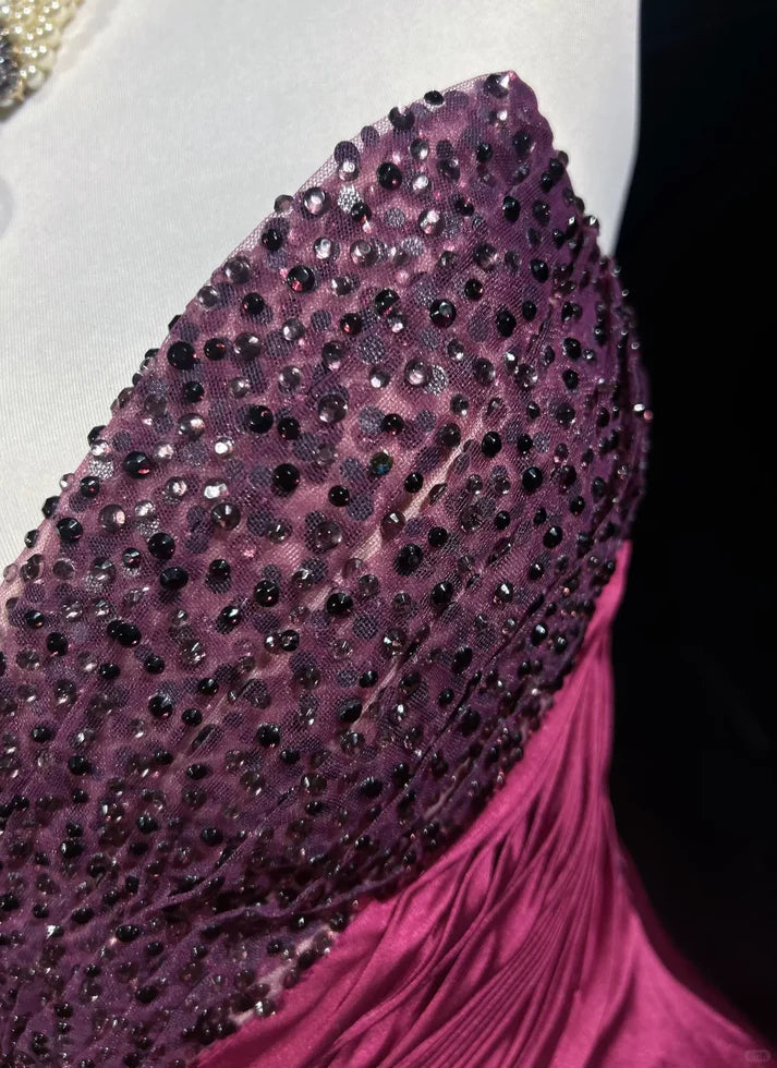 Vintage A Line Sweetheart Beaded Slit Satin Pink Long Evening Dress