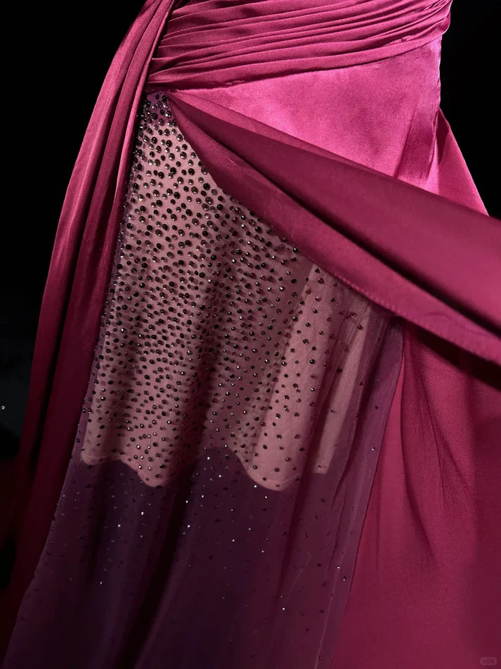 Vintage A Line Sweetheart Beaded Slit Satin Pink Long Evening Dress